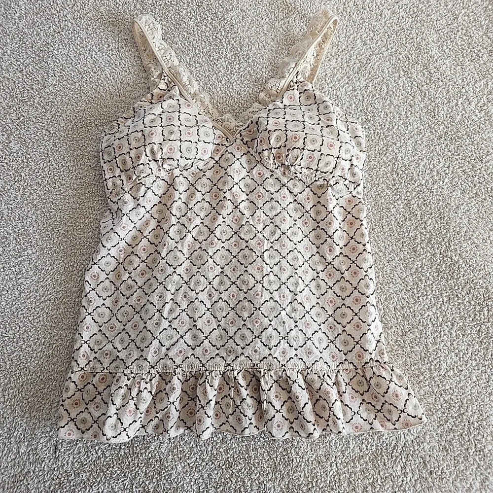 LEI Cream Diamond Pattern Babydoll Cami Tank Top Lace Trim Padded Bra Y2K 90s XL